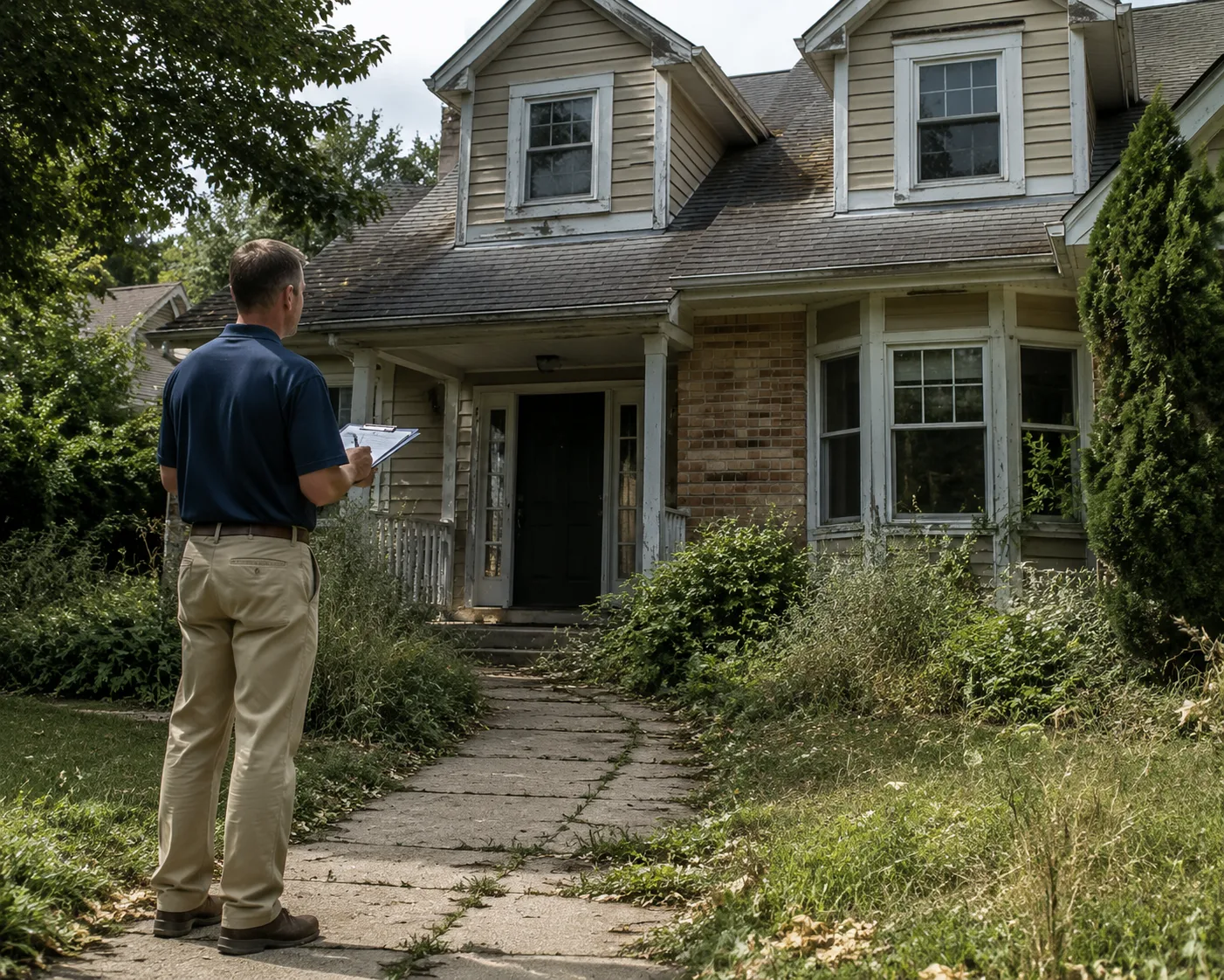 House with cracked foundation and overgrown yard
